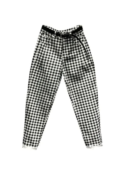 Black Plaid Pockets Patchwork Denim Pants Fall
