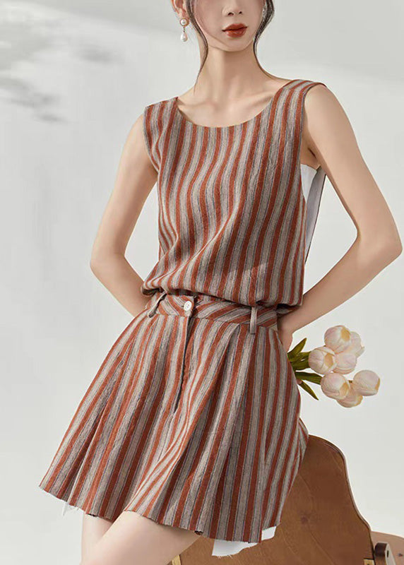 Brown Striped Cotton Top and Skirts Two-piece Set Summer