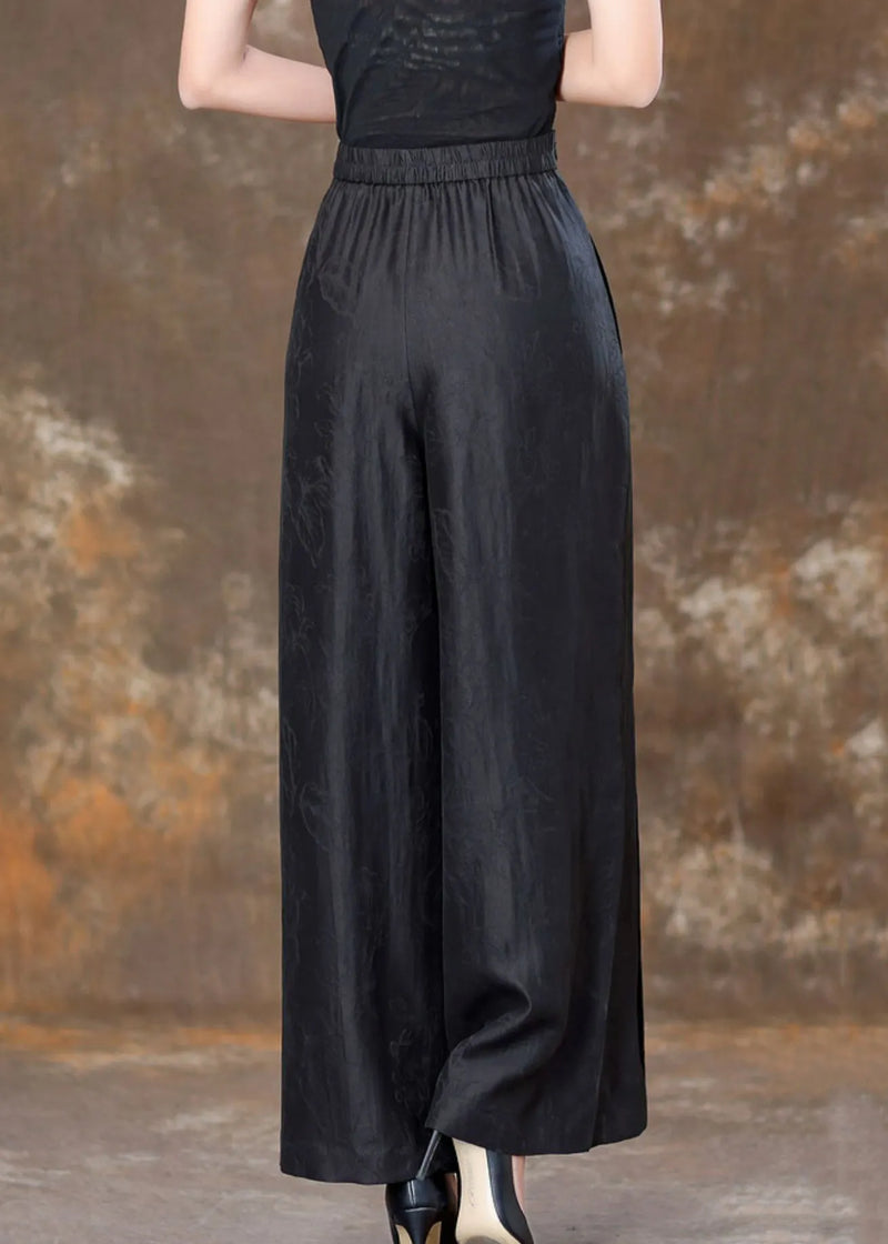 Black Patchwork Silk Velour High Waist Wide Leg Pants