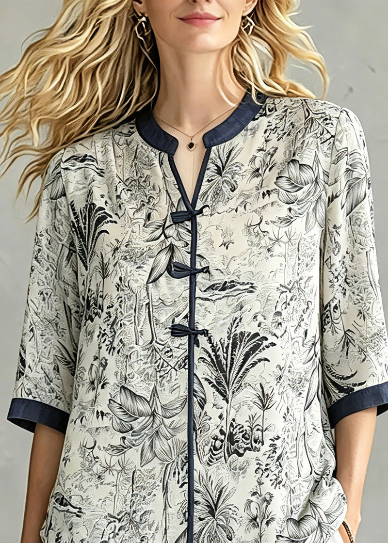 Chinese Style O-neck Print Tops Half Sleeve