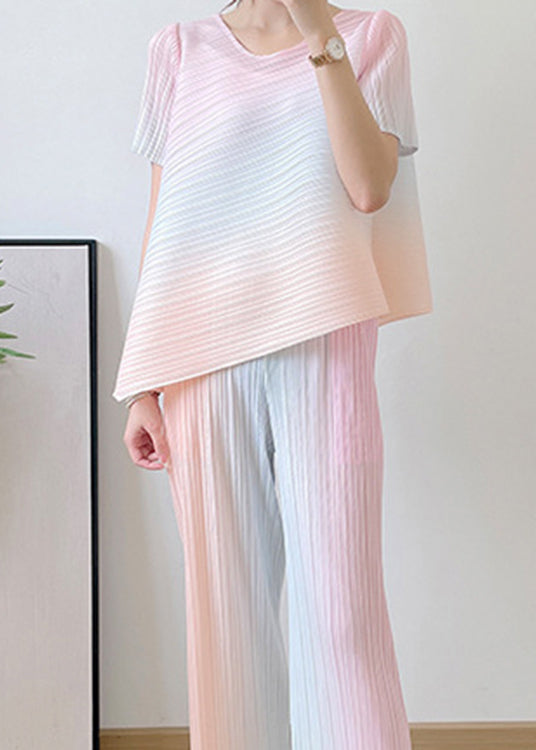 Blue Striped Gradient Color Silk Top and Pants Two Pieces Set Summer