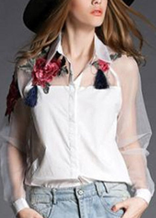 Organza White Peter Pan Collar Embroideried Tulle Patchwork Cotton Shirts Long Sleeve