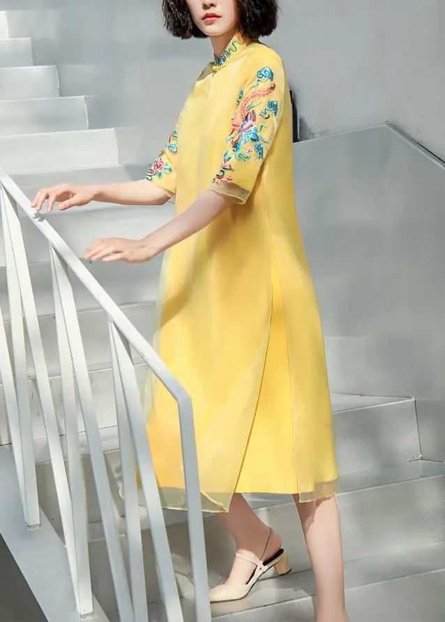 Diy Yellow Stand Collar Embroideried Button Tulle Silk Dress Long Sleeve