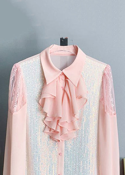 Pink Bow Sequins Patchwork Chiffon Blouses Long Sleeve