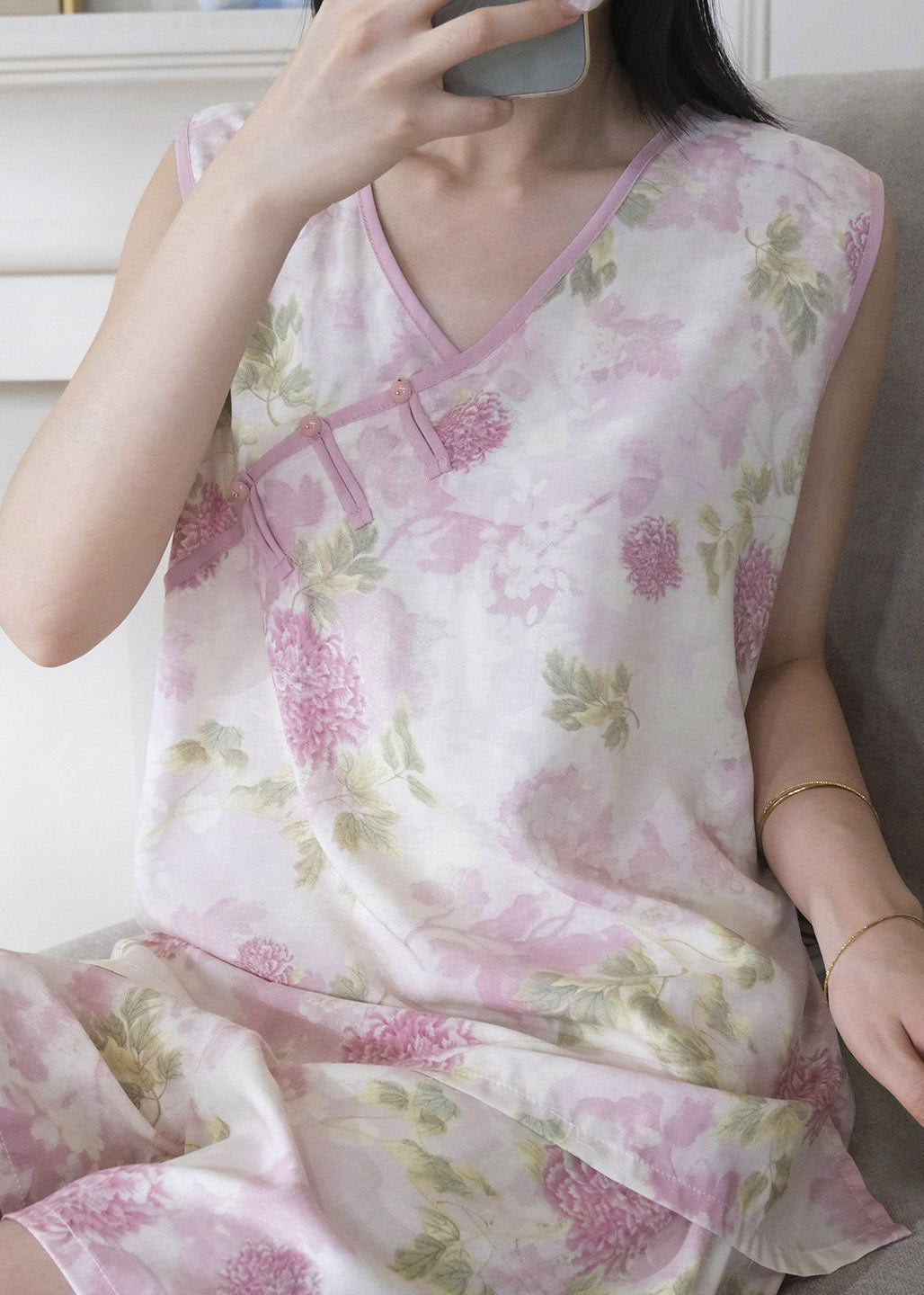 New Light Green Patchwork Side Open Pajamas Sets