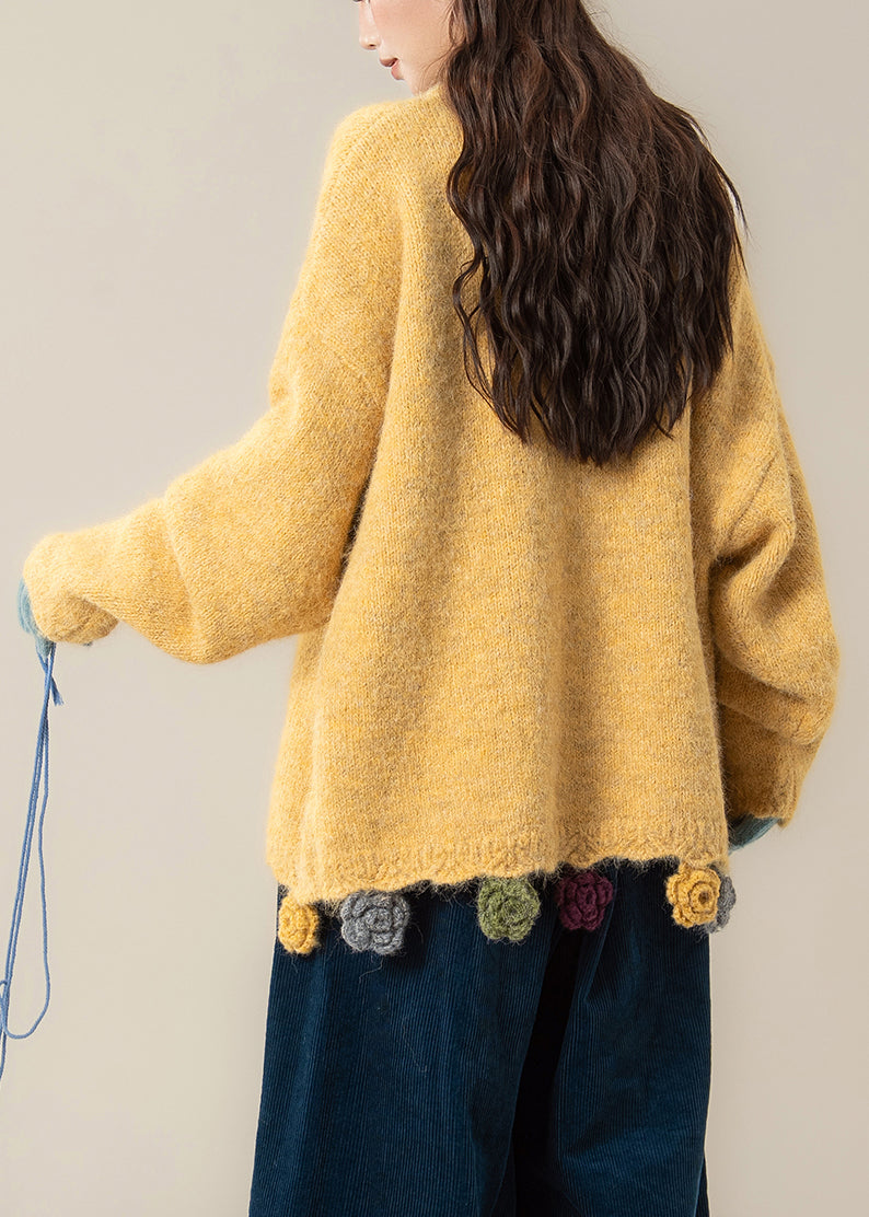 Yellow Button Cozy Knit Coat O Neck Batwing Sleeve