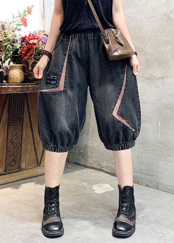 Black Grey Elastic Waist Asymmetrical Applique Cotton Denim Crop Pants Summer