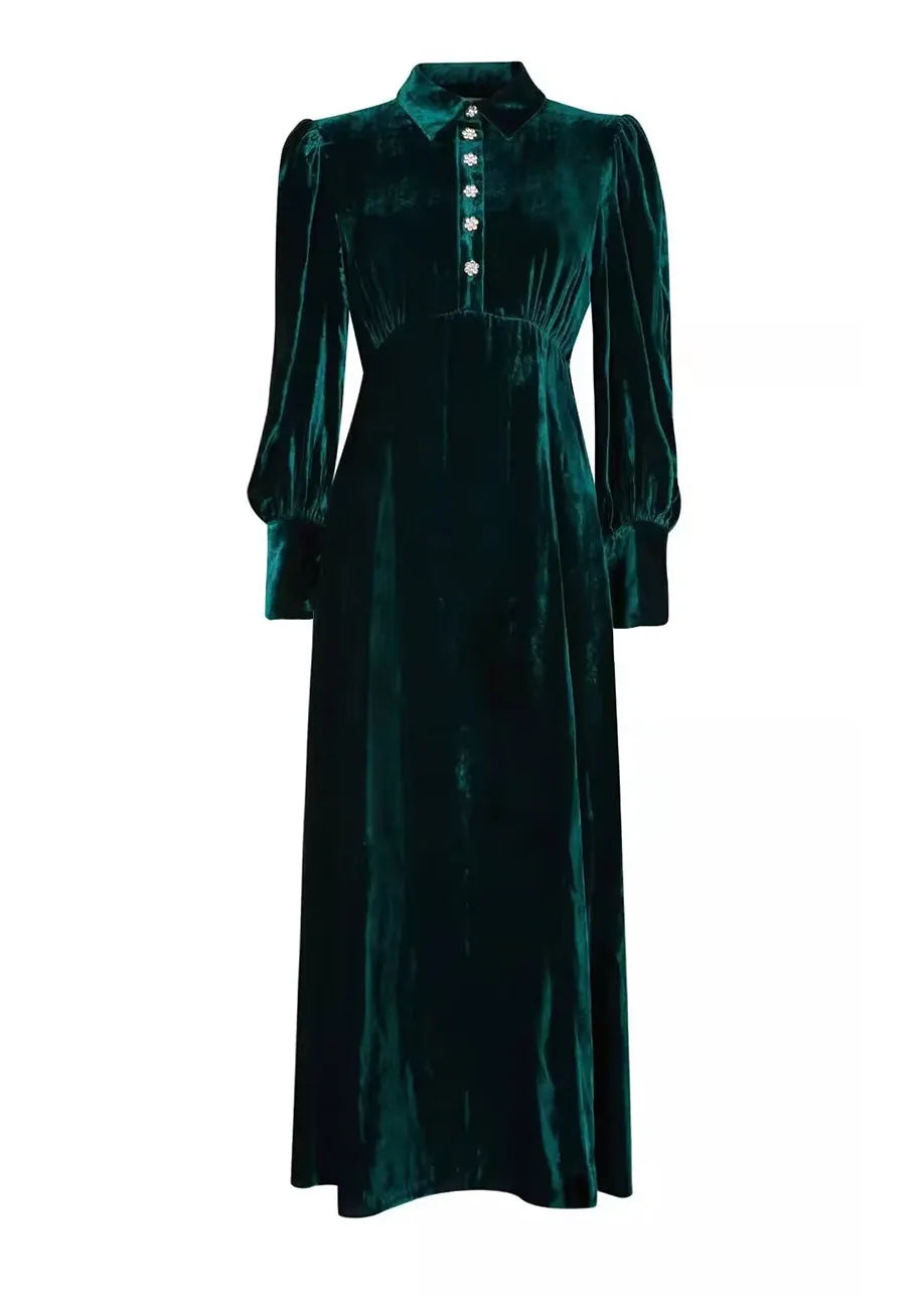 French Green Peter Pan Collar Velour Dresses Fall