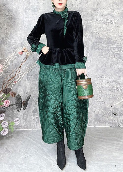 Green Patchwork Silk Velour Two Piece Set Spring