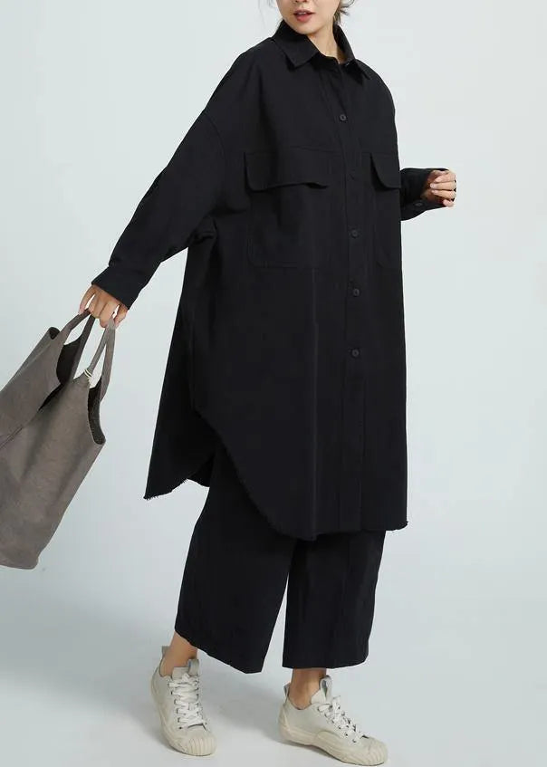 Big Pockets Cotton Spring Wardrobes Sewing Black Shirt Dress