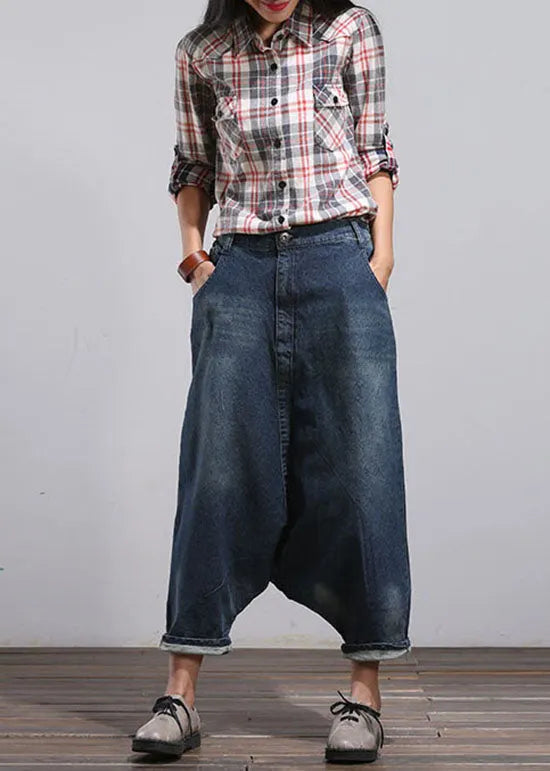 Blue Pockets Patchwork Denim Harem Pants Spring