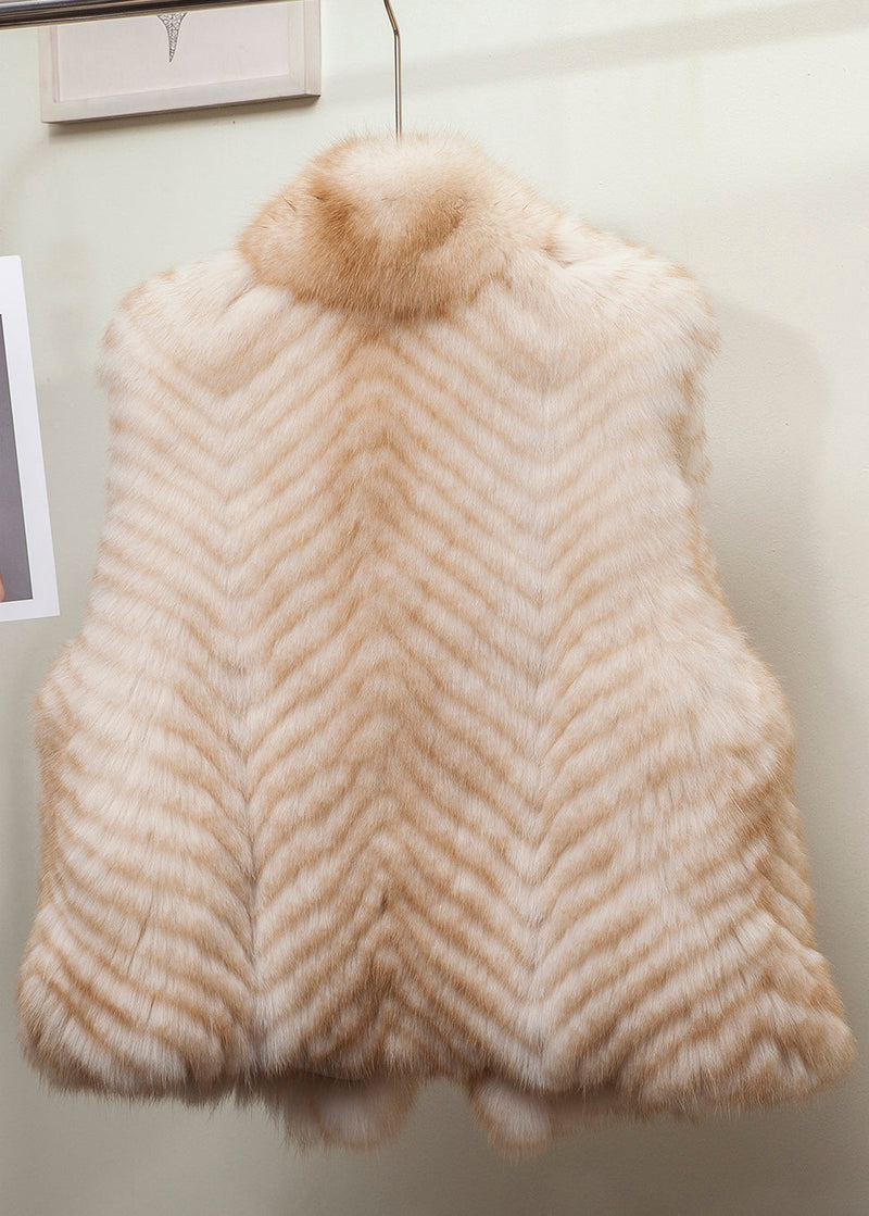 Gilded Stand Collar Leather and Fur Waistcoat Sleeveless