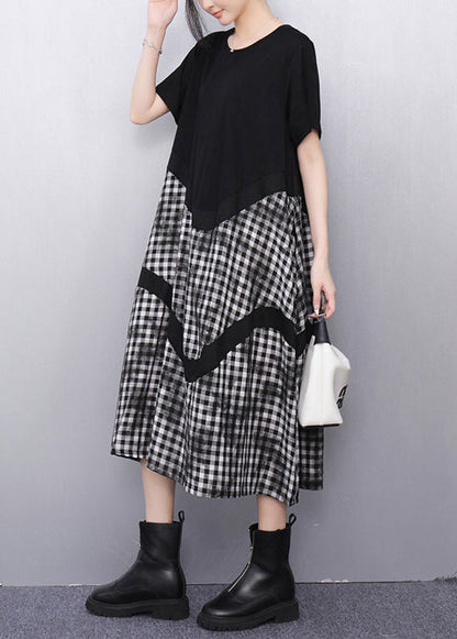 Grey Plaid Patchwork Cotton Vacation Dresses Summer