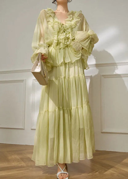 Light Green V Neck Ruffled Shirts and Maxi Skirts Two Pieces Set Flare Sleeve