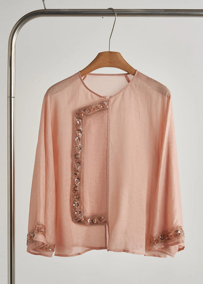 French Pink Sequins Embroidered Cotton Two Piece Set Clothing Fall