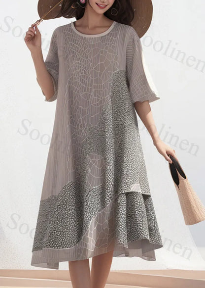 Grey Asymmetrical Print Silk Dress Summer