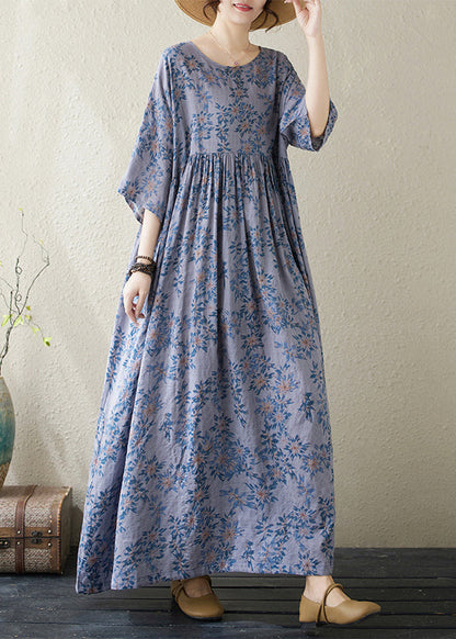 Handmade Blue O Neck Print Cotton Dress Summer