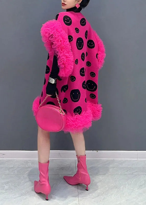 Rose Dot Print Tulle Patchwork Knit Waistcoat Sleeveless