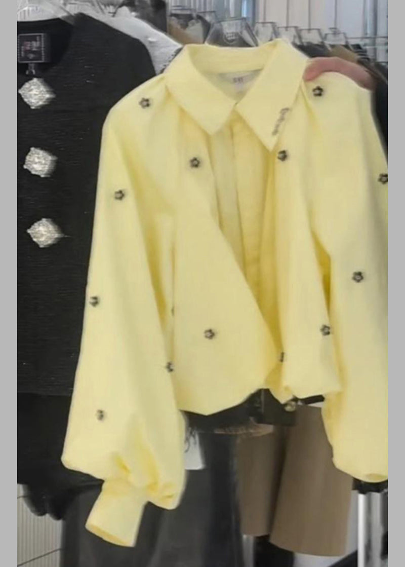 Loose Yellow Peter Pan Collar Cotton Shirt Puff Sleeve Spring