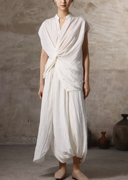 Beige Wrinkled Pockets Linen Two Pieces Set Summer