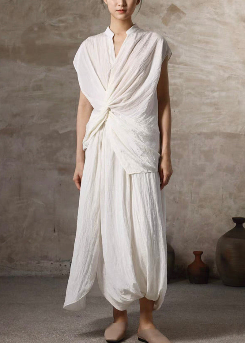 Beige Wrinkled Pockets Linen Two Pieces Set Summer