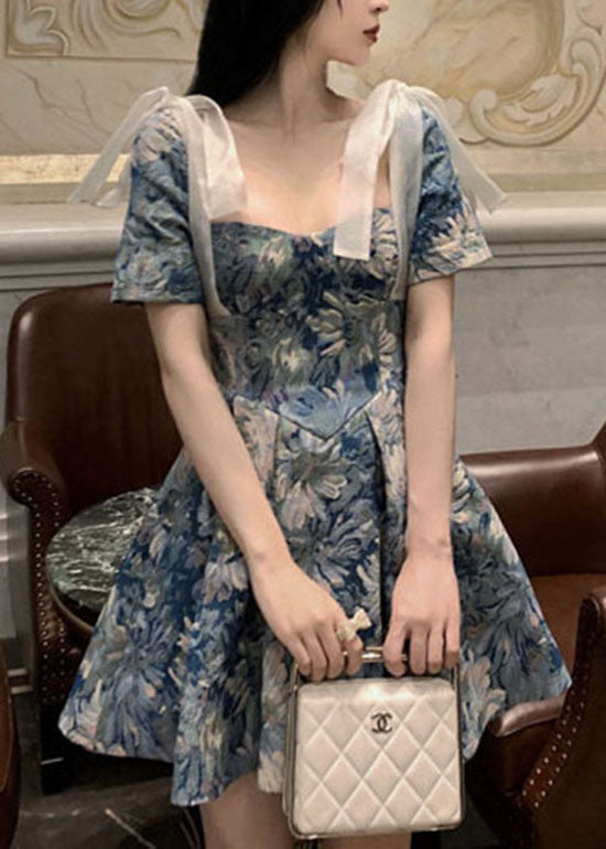 Slim Fit Blue Bow Cinched Print Short Dresses Short Sleeve
