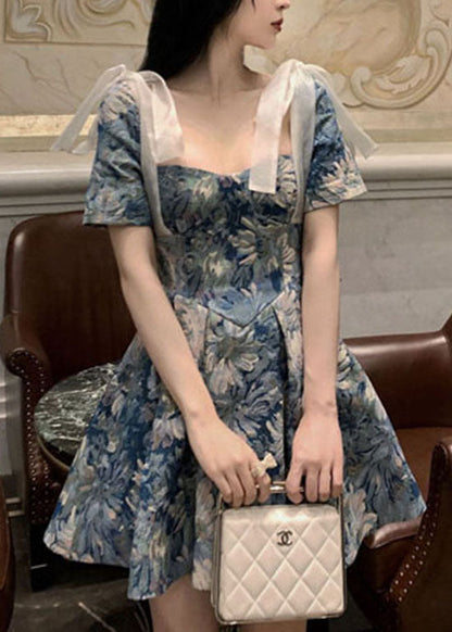 Slim Fit Blue Bow Cinched Print Short Dresses Short Sleeve