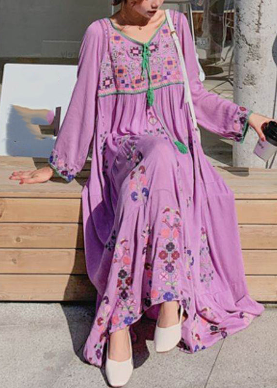 Purple O-neck Neck Tie Tassel Patchwork Cotton Holiday Dress Long Sleeve