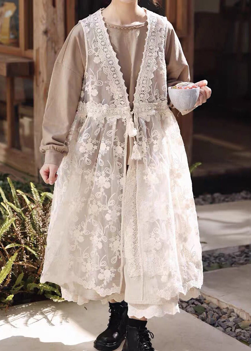 Beige Embroideried Lace Up Patchwork Lace Dress Sleeveless