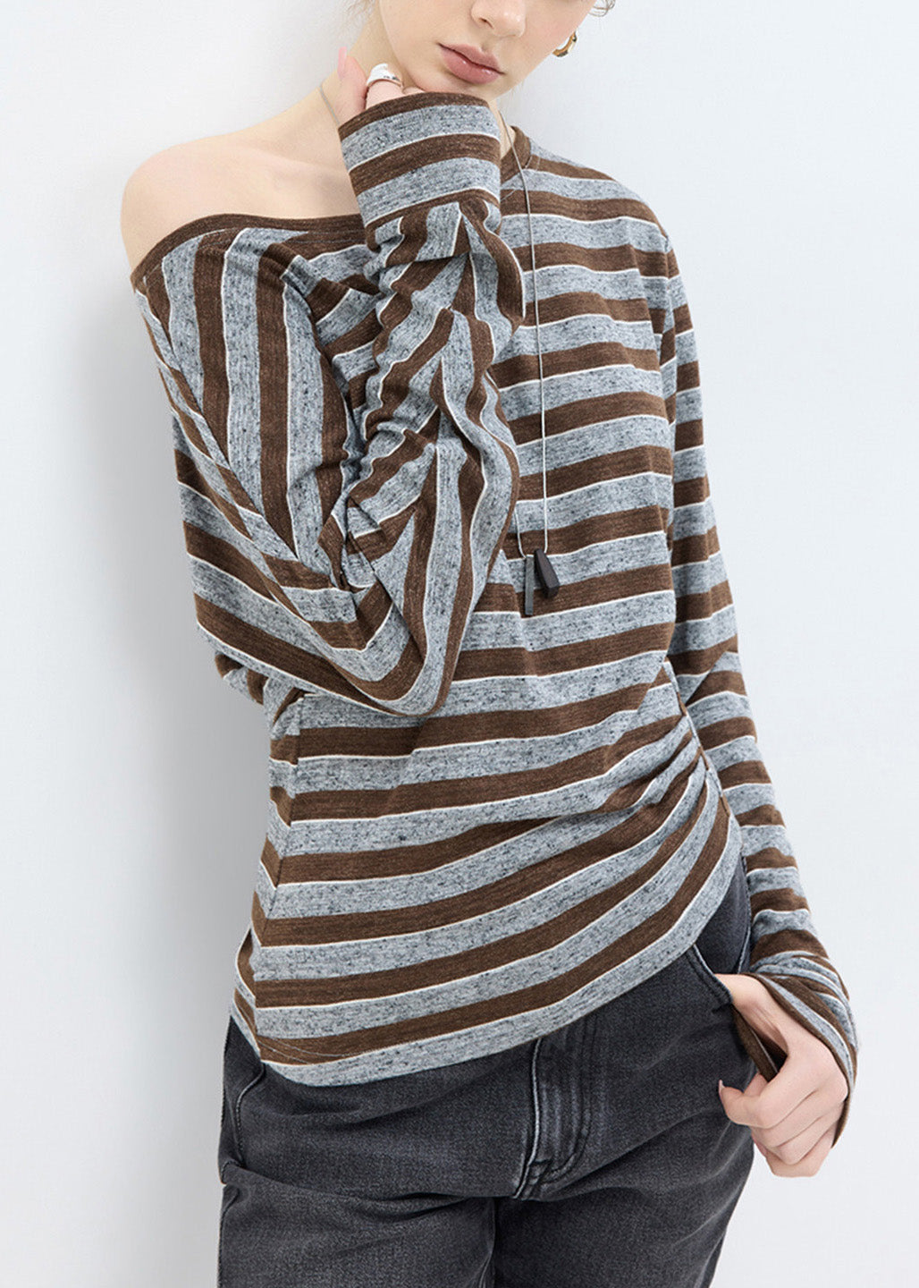 Brown Striped Slash Neck Cotton T Shirt Tops Spring