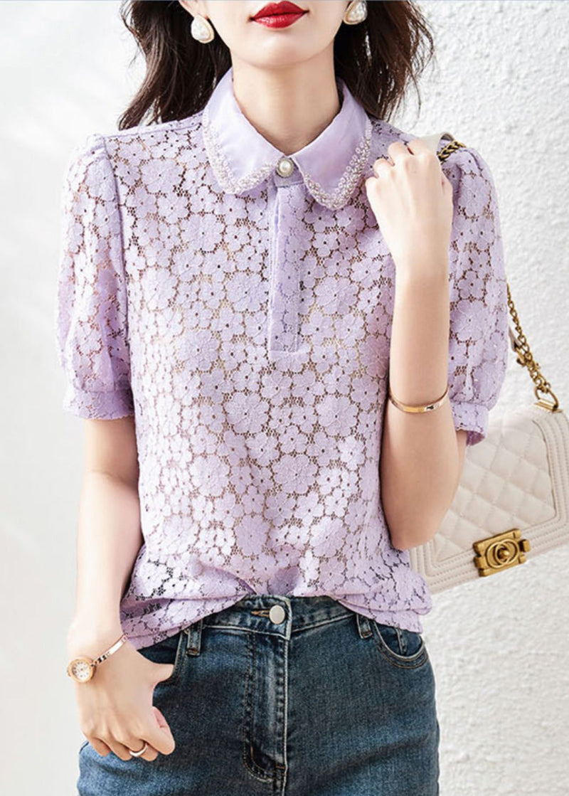 Apricot Peter Pan Collar Lace T Shirt Summer