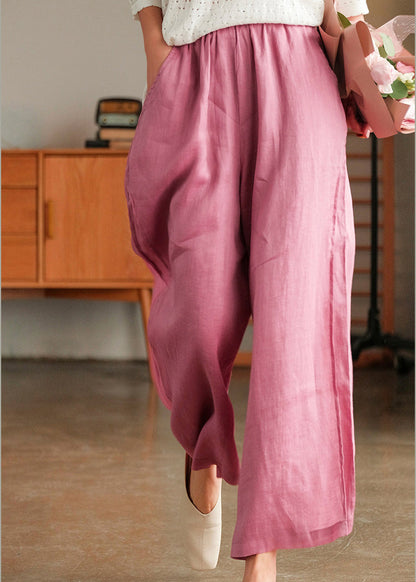 Pink Elastic Waist Pockets Linen Wide Leg Pants Spring