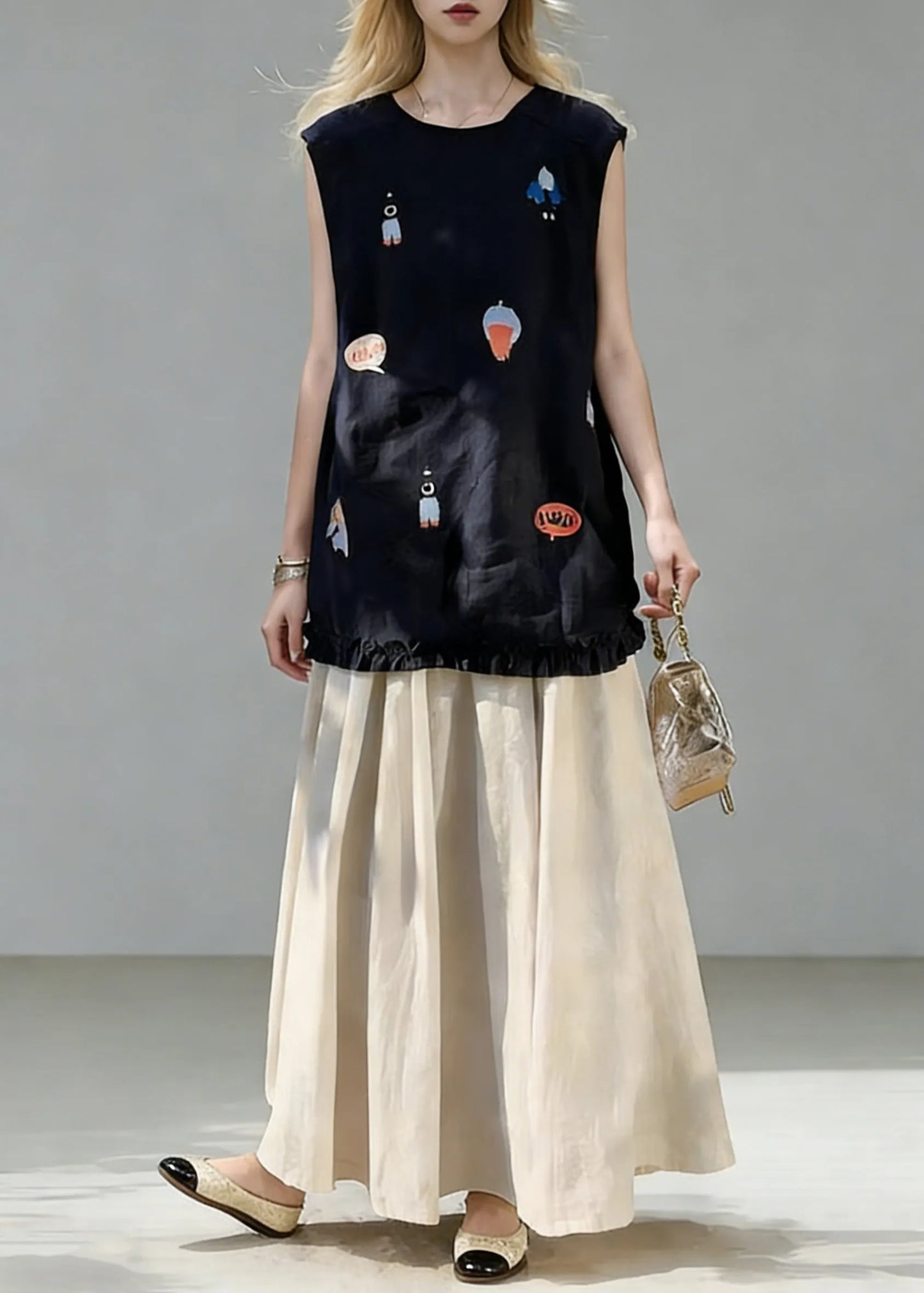 New Navy Print Ruffled Tops and Linen Skirts Two Piece Set Summe