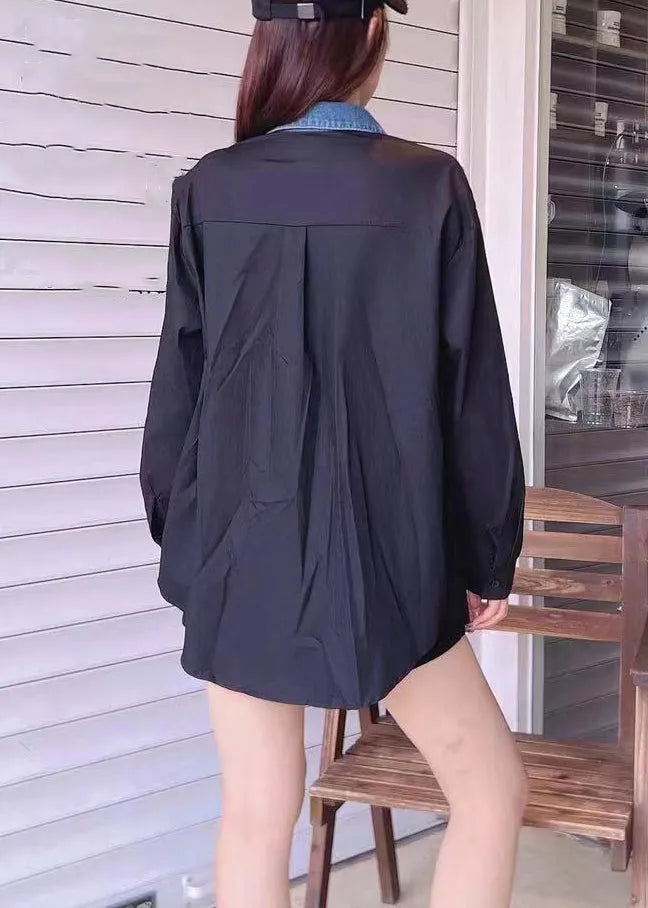 French Blue Hole Button Patchwork Denim Coats Fall