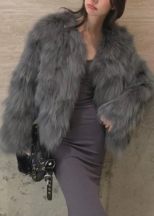New White O Neck Leather and Fur Coats Spring