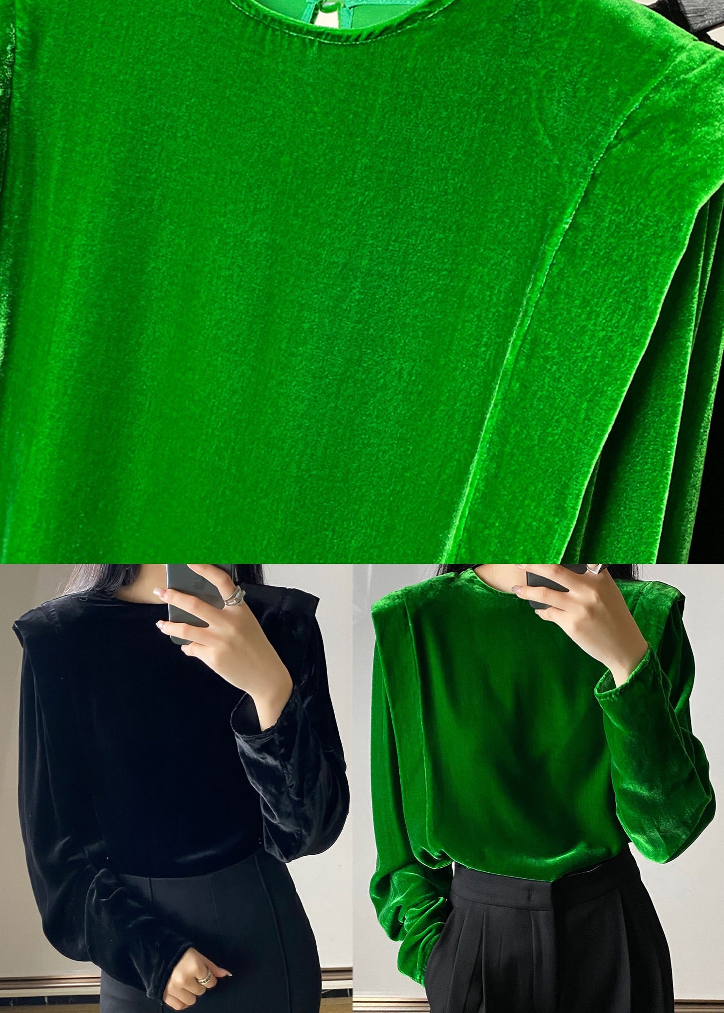 Green Silk Velour Tops Button O-neck Long Sleeve