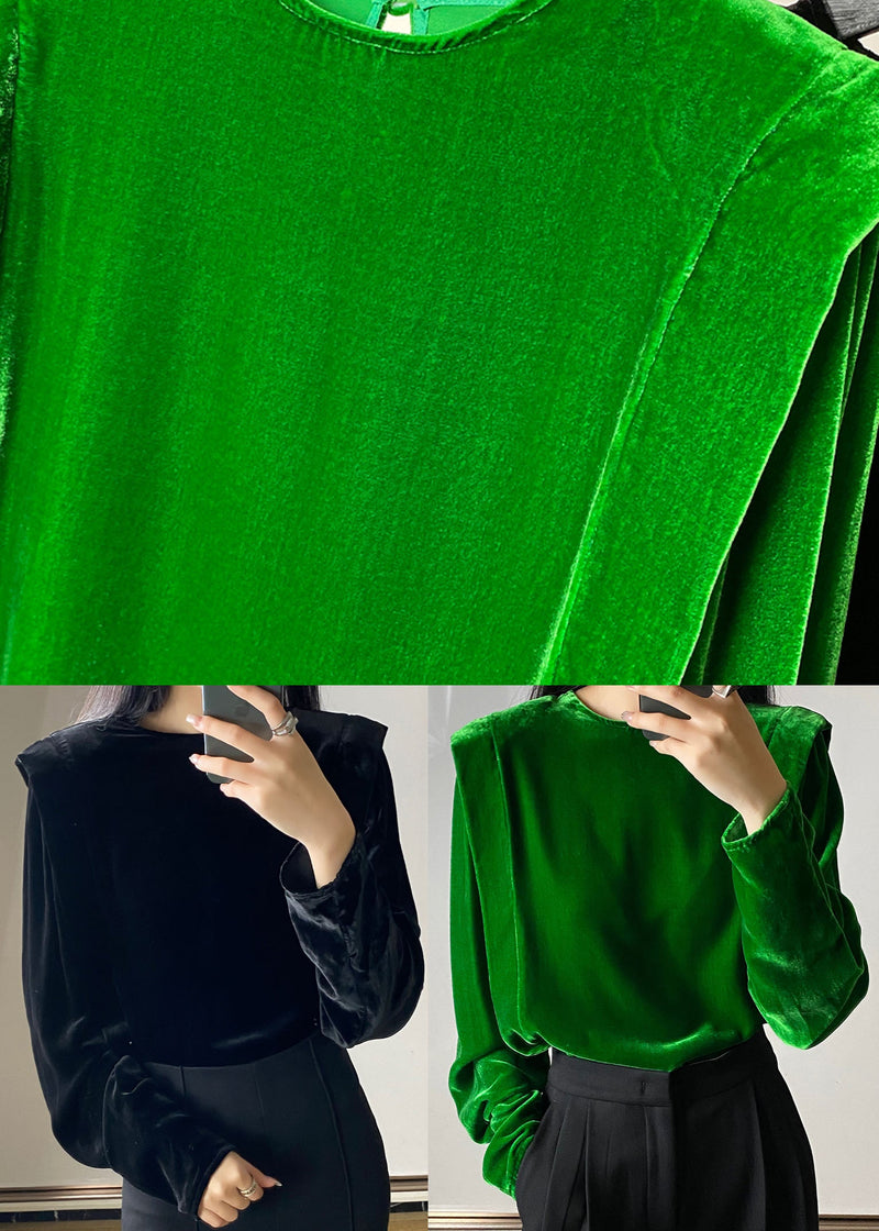 Green Silk Velour Tops Button O-neck Long Sleeve