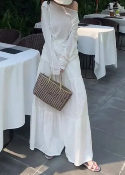 White O-neck Patchwork Top and Wide Leg Pants Two Pieces Set Long Sleeve