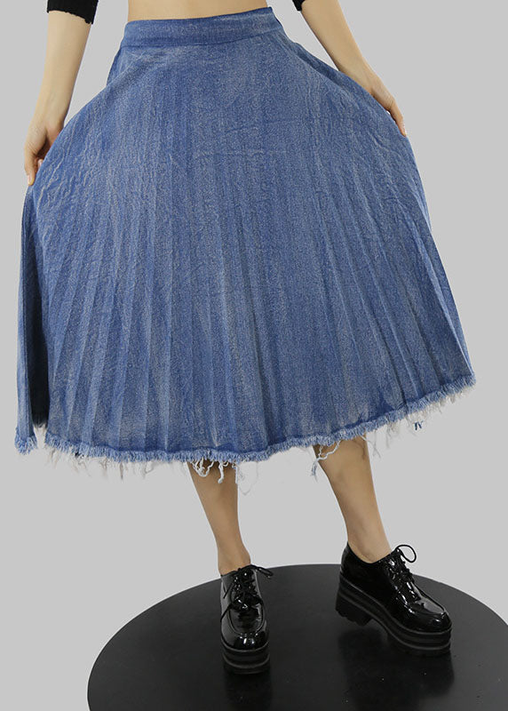Blue Zip Up Elastic Waist Pleated Skirts Spring