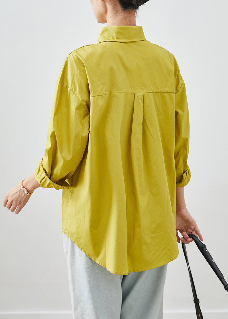 Yellow Cotton Shirt Tops Peter Pan Collar Pocket Fall