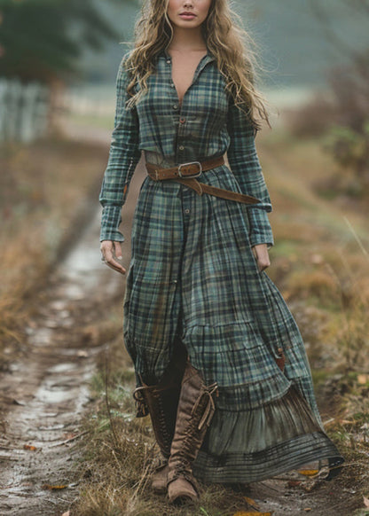 -green-v-neck-plaid-button-chiffon-long-dress-spring