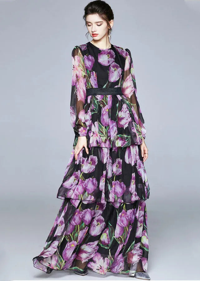 Boutique Purple Print O-neck Layered Design Chiffon Long Dresses Fall