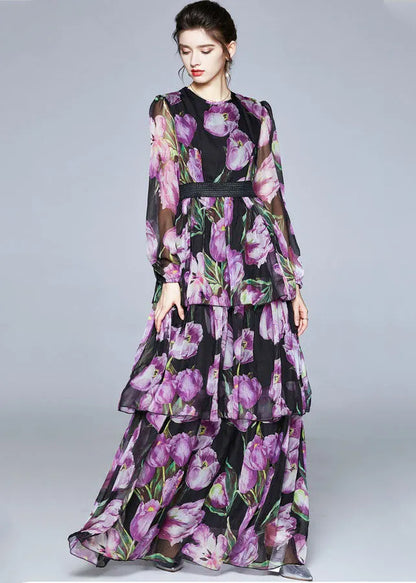 Boutique Purple Print O-neck Layered Design Chiffon Long Dresses Fall