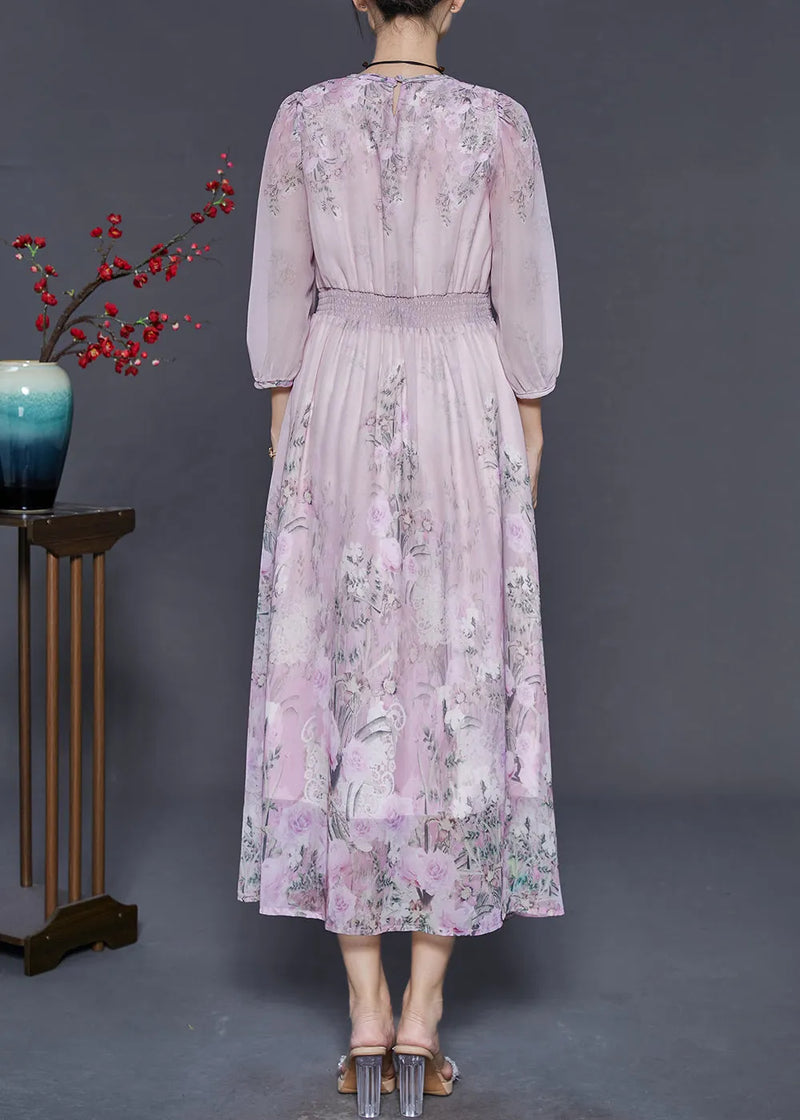 Pink Elastic Waist Print Chiffon Dresses Bracelet Sleeve