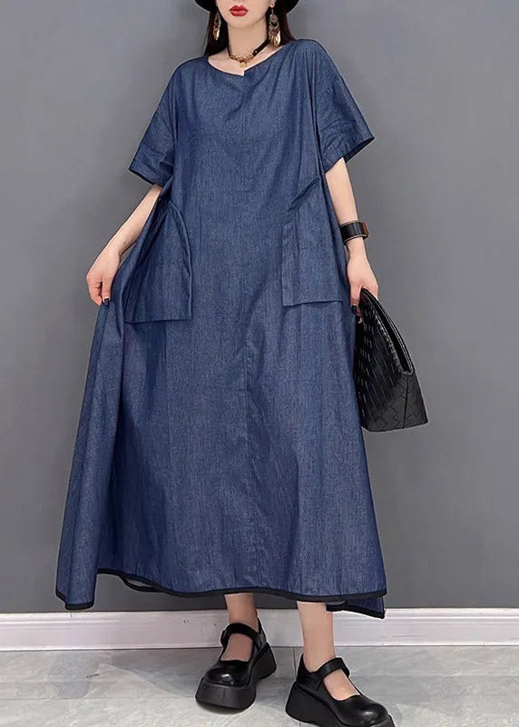 Denim Blue O-neck Pockets Long Dresses Short Sleeve