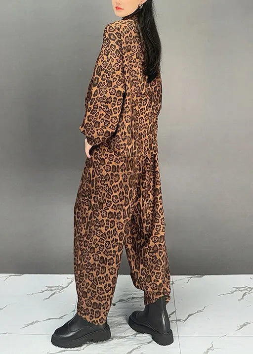 Boutique Brown Leopard Print Tops and Pants Cotton Two Pieces Set Fall