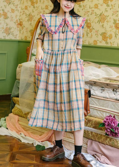 Plaid Ruffled Button Puff Sleeve Summer Cotton Dresses