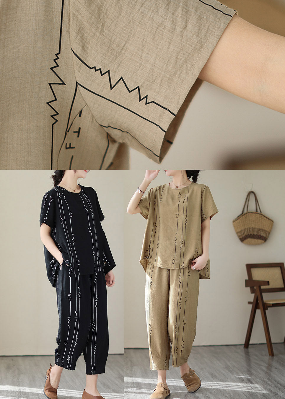 Black Low High Design Top and Harem Pants Two Piece Set Short Sleeve