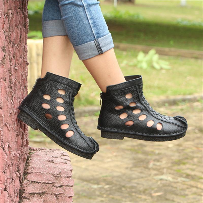 Hollow Out Boots Brown Cowhide Leather