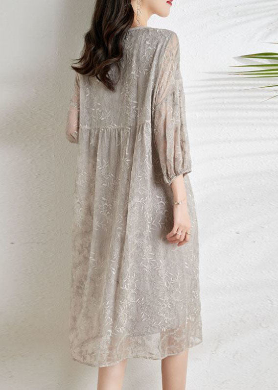 Light Grey Cinched Embroideried Chiffon Vacation Dresses Three Quarter Sleeve